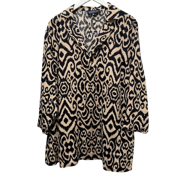 JONES NY Linen Top Plus Size 3X Black Tan Ikat Womens Tunic - Picture 7 of 10